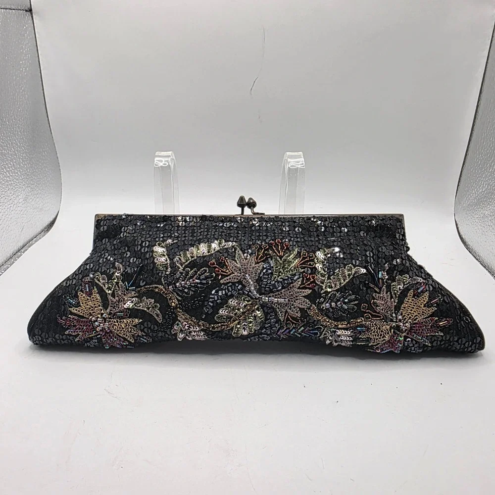 Vintage Style Black Sequin Floral Beaded Kiss Lock Evening Clutch Shoulder Bag